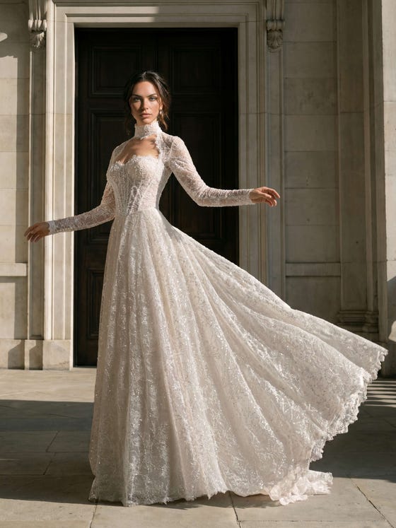 Ivory Gown with Intricate Beading and High Neck — Winter Wedding Guest Outfits