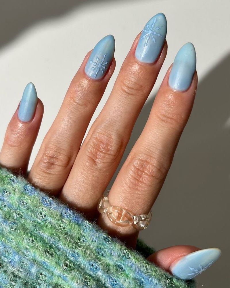 Matte Pastel Blue Snowflake Nails — Winter Acrylic Nails