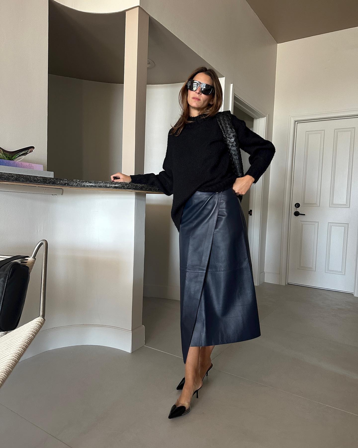 Navy Leather Wrap Midi Skirt with Black Crew-Neck Sweater — Leather Skirt Outfits