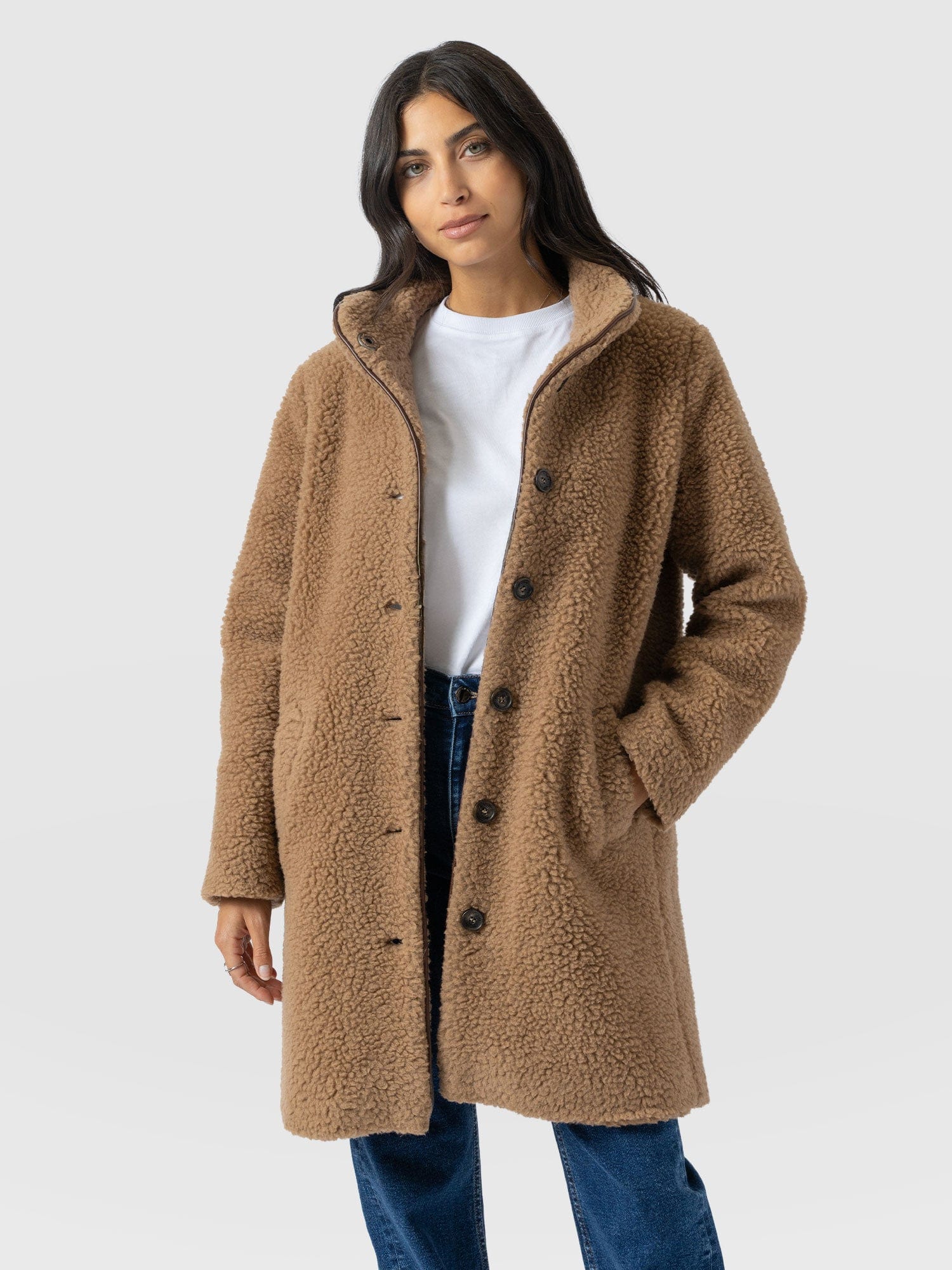 Longline Brown Teddy Coat Over Blue Jeans Longline Brown Teddy Coat Over Blue Jeans β Teddy Coat Outfits