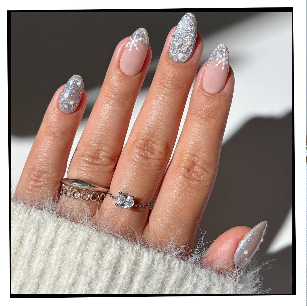 Medium Almond Nude with Snowflakes and Rhinestones Medium Almond Nude with Snowflakes and Rhinestones β Sparkly Winter Nails