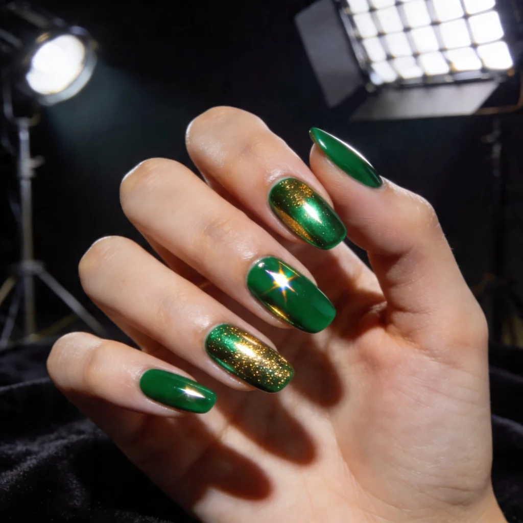 Christmas Short Oval Emerald Green with Gold Chrome and Glitter — Green Christmas Nails 2026