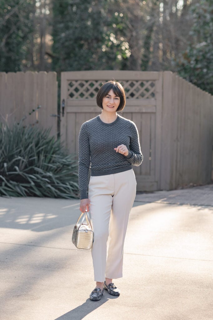Understated Grey Sweater with Cream Trousers and Loafers Understated Grey Sweater with Cream Trousers and Loafers β Winter Outfits for Petite Women