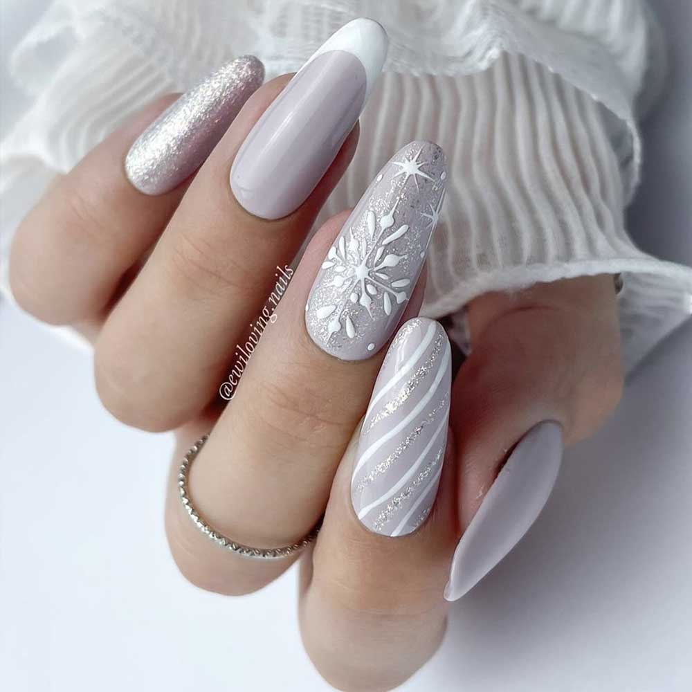 Medium Coffin Grey Snowflake French Nails — Everyday Winter Nails