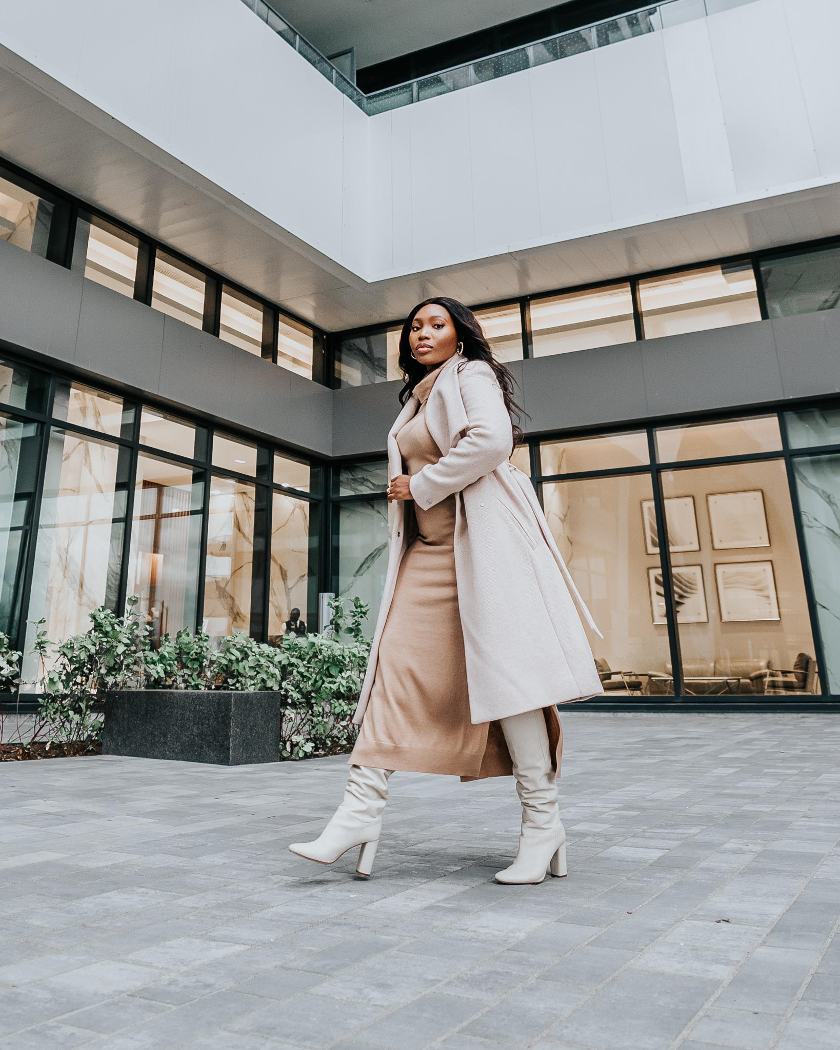 Elegant Cream Coat with Beige Knit Bodycon Dress and White Boots — Neutral Winter Outfits