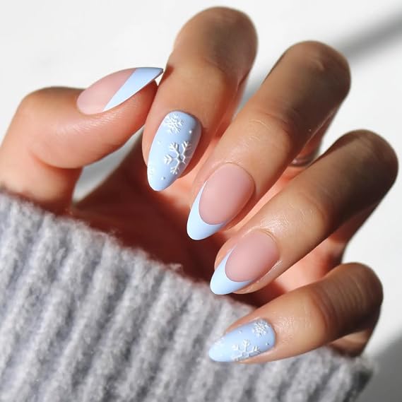 Matte French Snowflake Almond Nails Matte French Snowflake Almond Nails β Winter Almond Nails
