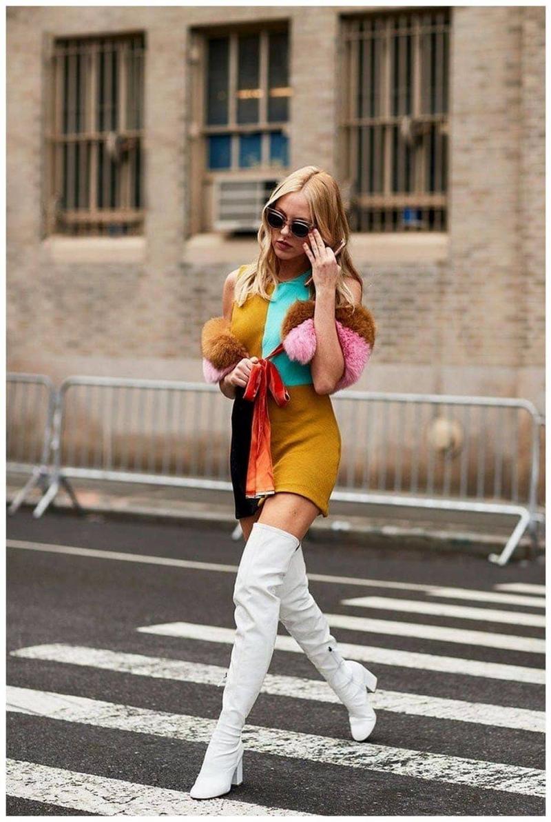 Vibrant Mini Dress and Pink Fur Stole with White Over-the-Knee Boots — Over the Knee Boots Outfits