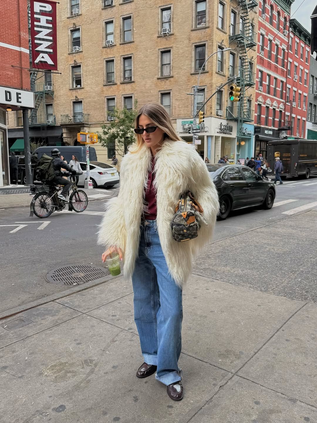 Shaggy White Faux Fur Coat with Burgundy T-shirt — Fur Hat Outfits