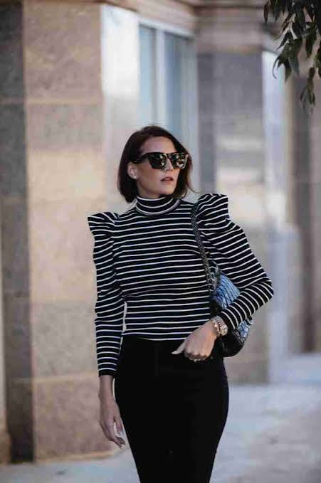 Striped Puffy-Shoulder Turtleneck with Fitted Black Pants Striped Puffy-Shoulder Turtleneck with Fitted Black Pants β Turtleneck Outfits