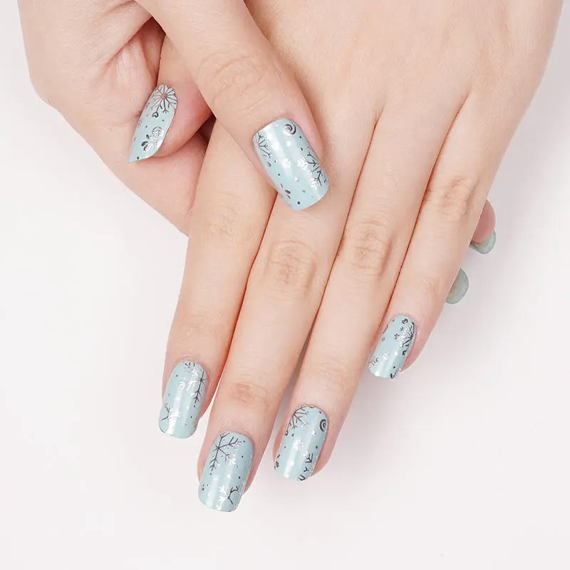 Matte Light Blue Snowflake Nails — Short Winter Gel Nails