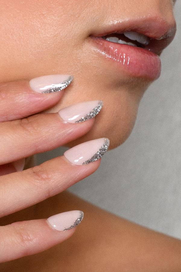 Pale Pink Medium Almond with Silver Glitter Line Pale Pink Medium Almond with Silver Glitter Line β Winter Work Nails