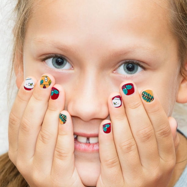 Snowman, Holly, and Tree on Short Square Nails — Christmas Nails for Kids 2026