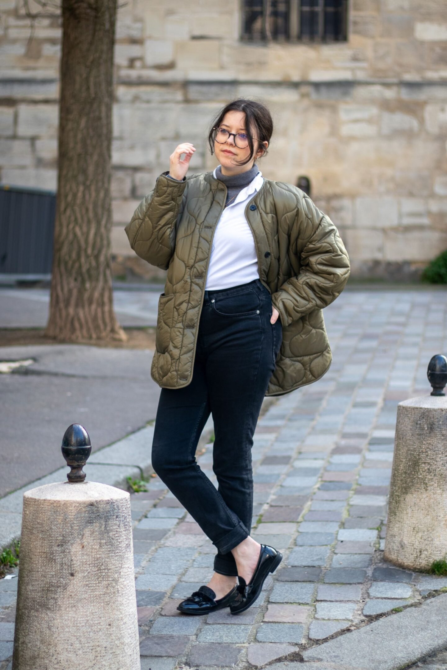 Olive Quilted Jacket with Turtleneck and Black Jeans Olive Quilted Jacket with Turtleneck and Black Jeans β Winter to Spring Transition Outfits