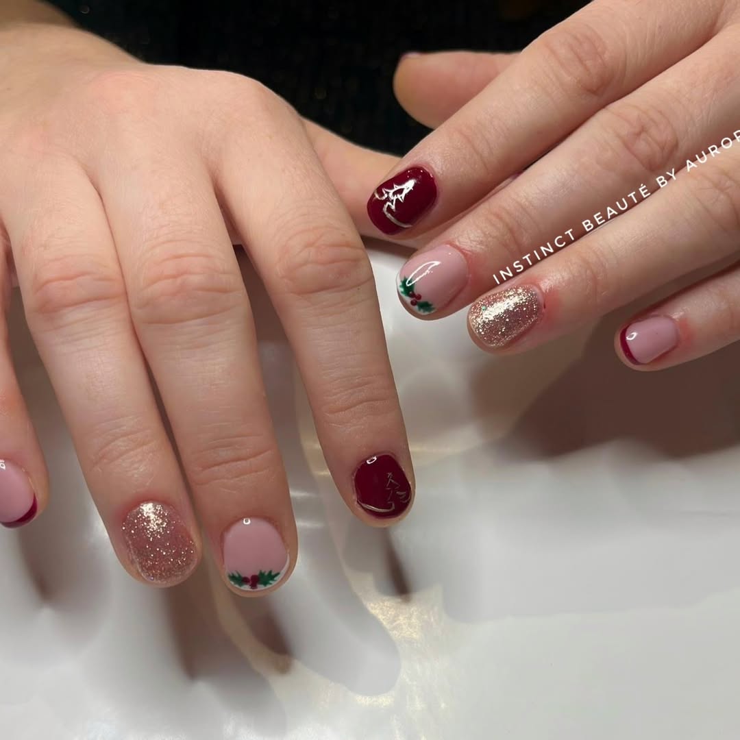 Short Round Mixed Christmas Motifs Short Round Mixed Christmas Motifs β Burgundy Christmas Nails 2026