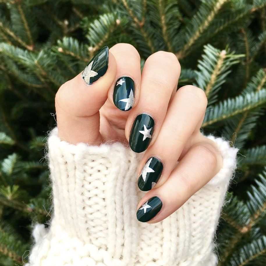 Deep Green Silver Star Decal Nails Deep Green Silver Star Decal Nails β Medium Christmas Nails 2026