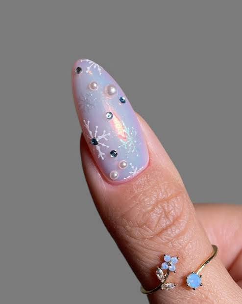 Long Almond Pale Blue with Snowflakes and Pearls — Winter Glitter Nails