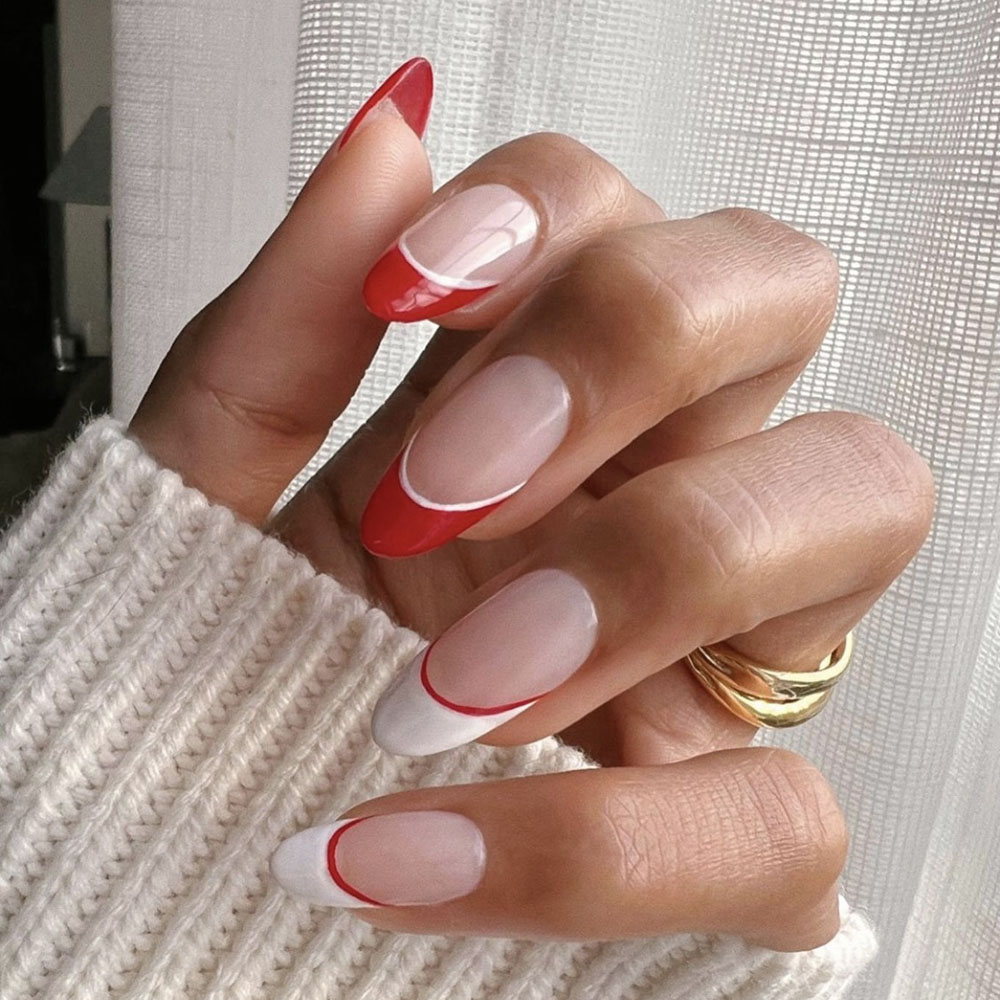 Modern Red French Tip Almond Nails — Red Christmas Nails 2026