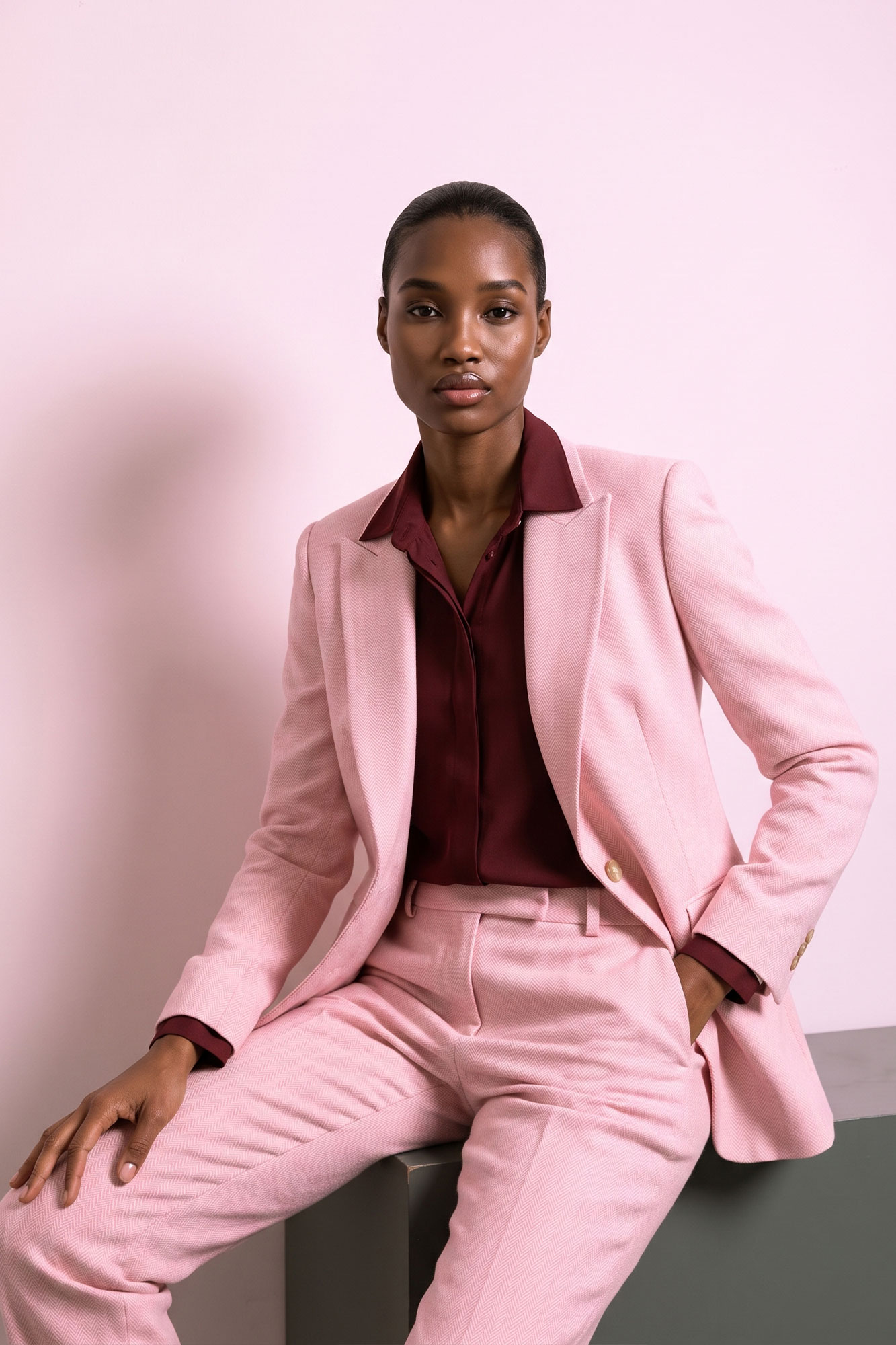 Pink Textured Wool Blend Suit with Burgundy Shirt for Color Blocking Pink Textured Wool Blend Suit with Burgundy Shirt for Color Blocking β Winter Photoshoot Outfits