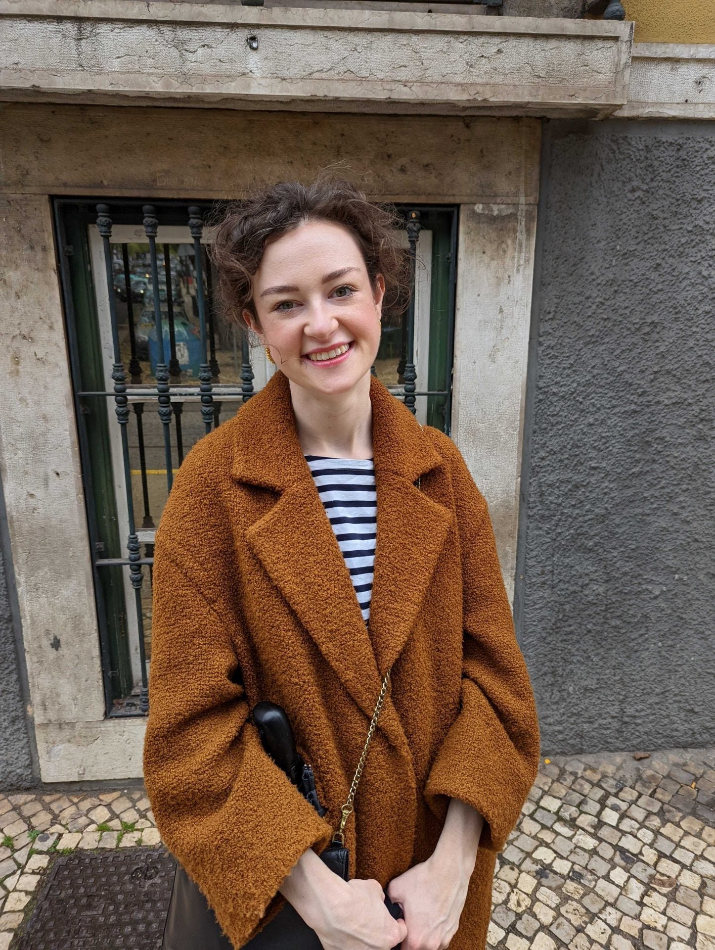 Textured Brown Teddy Coat with Striped Top — Cold Weather Outfits