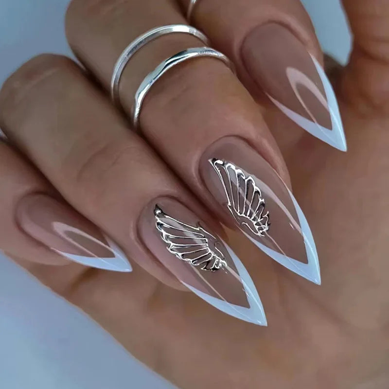 Nude White French Wing Charm Stiletto Nails Nude White French Wing Charm Stiletto Nails β Winter Stiletto Nails