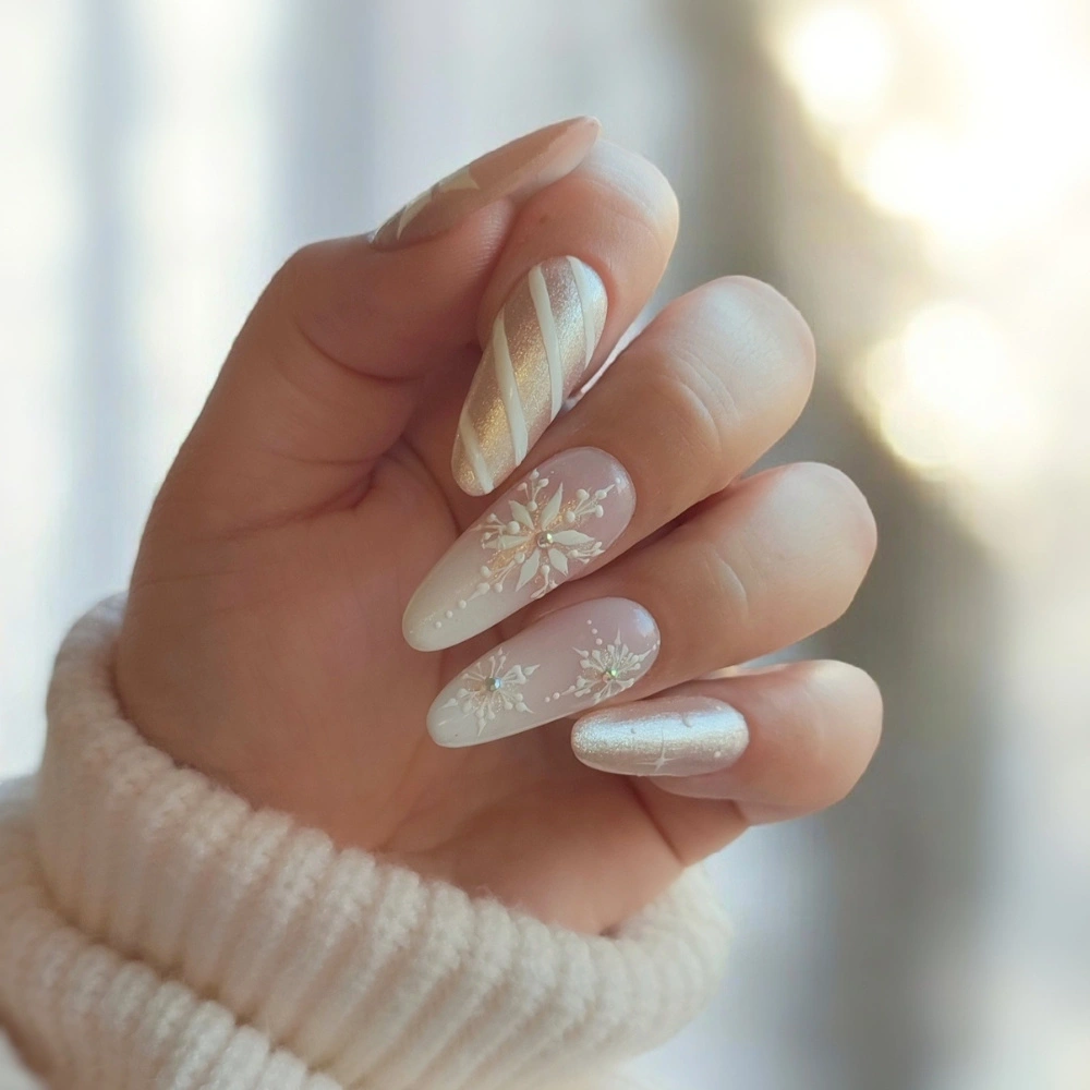 Pearlescent Nude with Winter Art — Winter White Nails