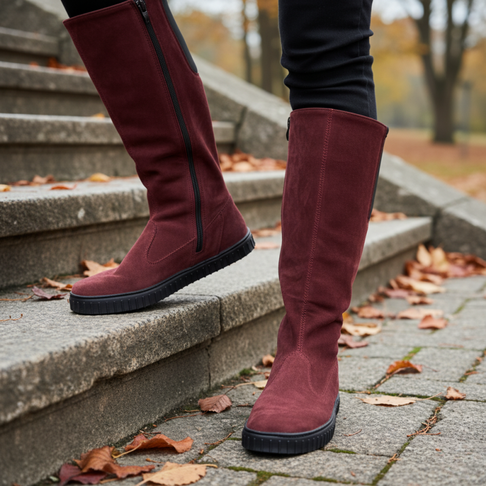 Rich Hues: Burgundy Suede Boots with Black Trousers — Late Winter Outfits