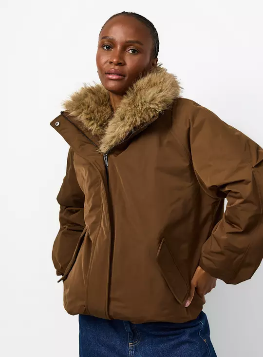Brown Puffer Coat with Fur-Lined Collar and Denim — Winter Coats for Women