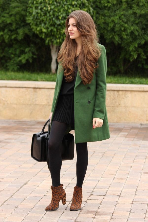 Green Wool Coat with Leopard Print Boots — Winter Going Out Outfits