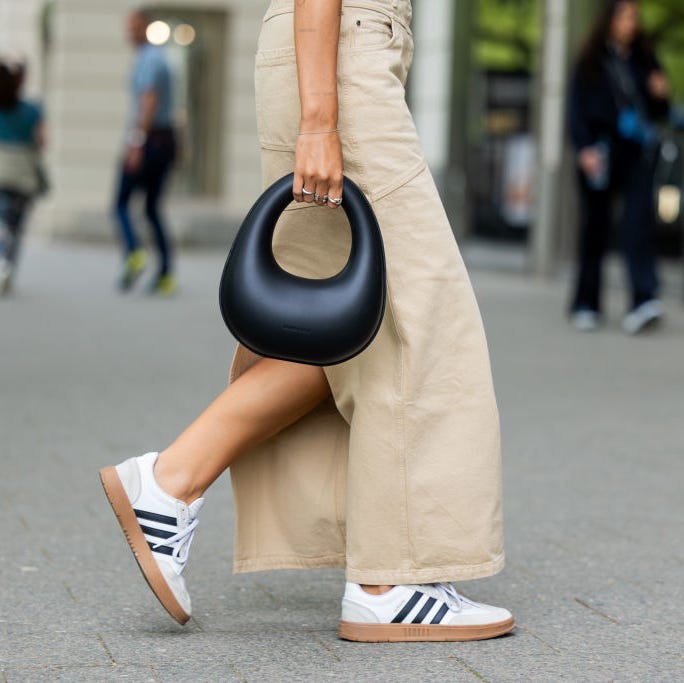 Pinstripe Suit and Trench Coat with White Sneakers — Winter Outfits with Sneakers
