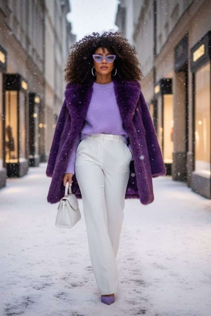 Vibrant Purple Faux Fur Coat with White Pants — Minimalist Winter Outfits