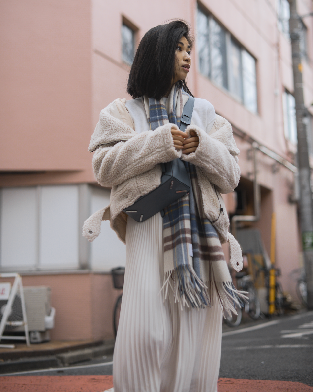Plaid Scarf with Shearling Jacket — Scarf Outfits