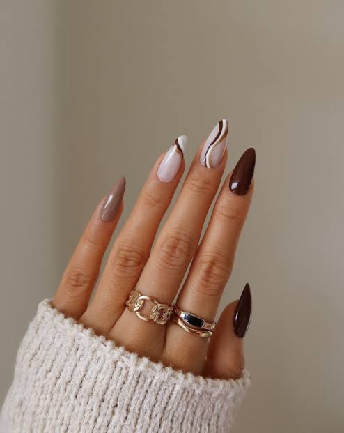 Abstract Swirls Brown & Beige Almonds — Fall to Winter Nails