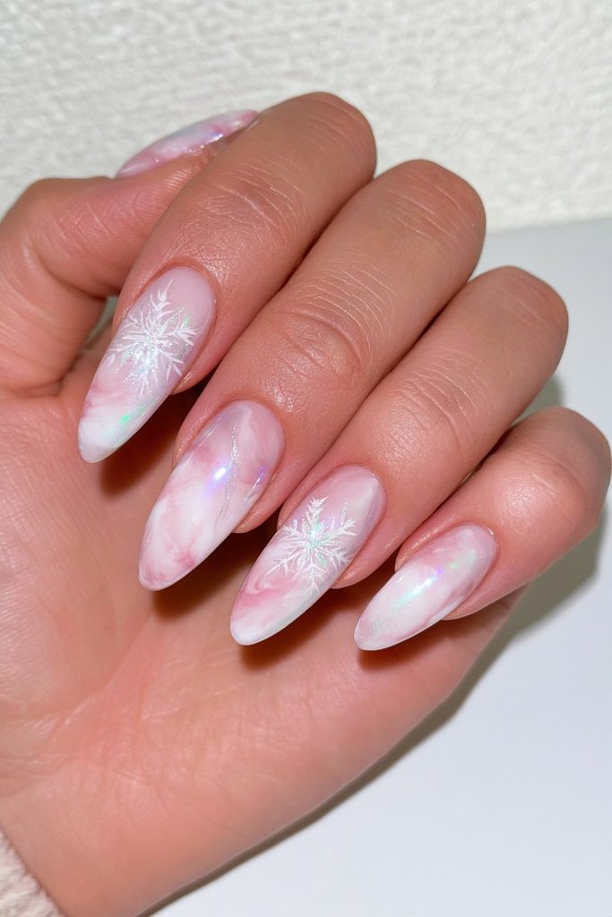 Pink Marble with Holographic Snowflakes — Winter Marble Nails