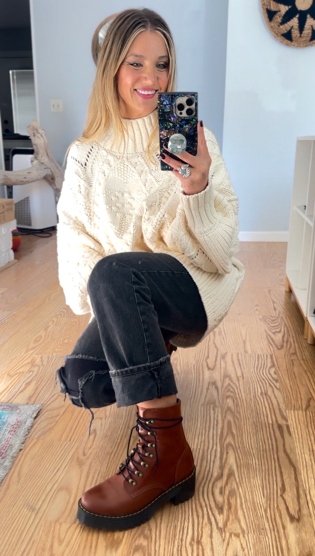 Oversized Cream Turtleneck with Distressed Jeans Oversized Cream Turtleneck with Distressed Jeans β Winter Outfits for Women Over 70