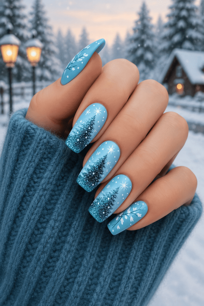 Light Blue Detailed Christmas Trees — Christmas Nail Designs 2026