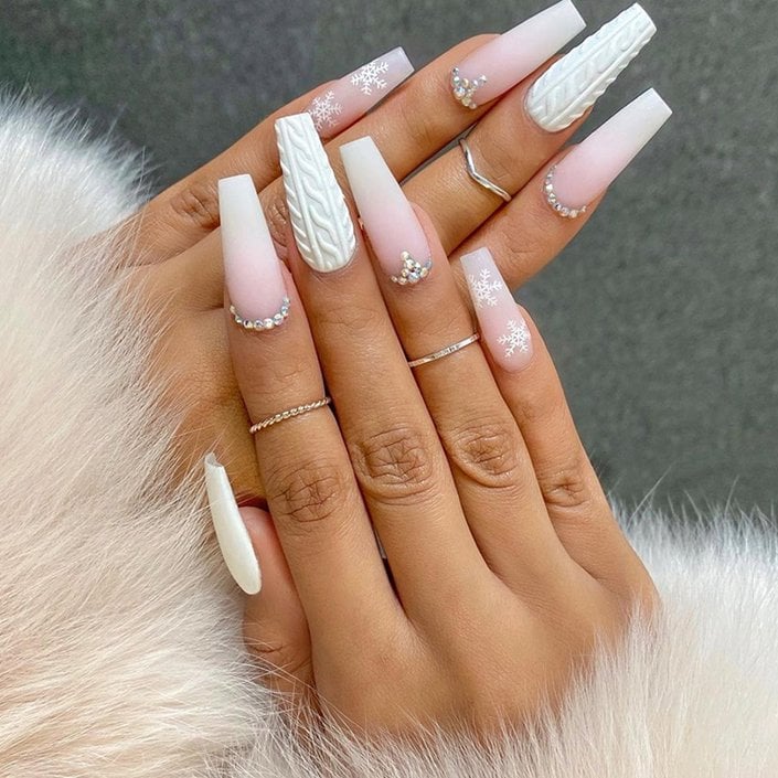 Long Coffin Matte Pink Cable Knit — Winter Nail Designs