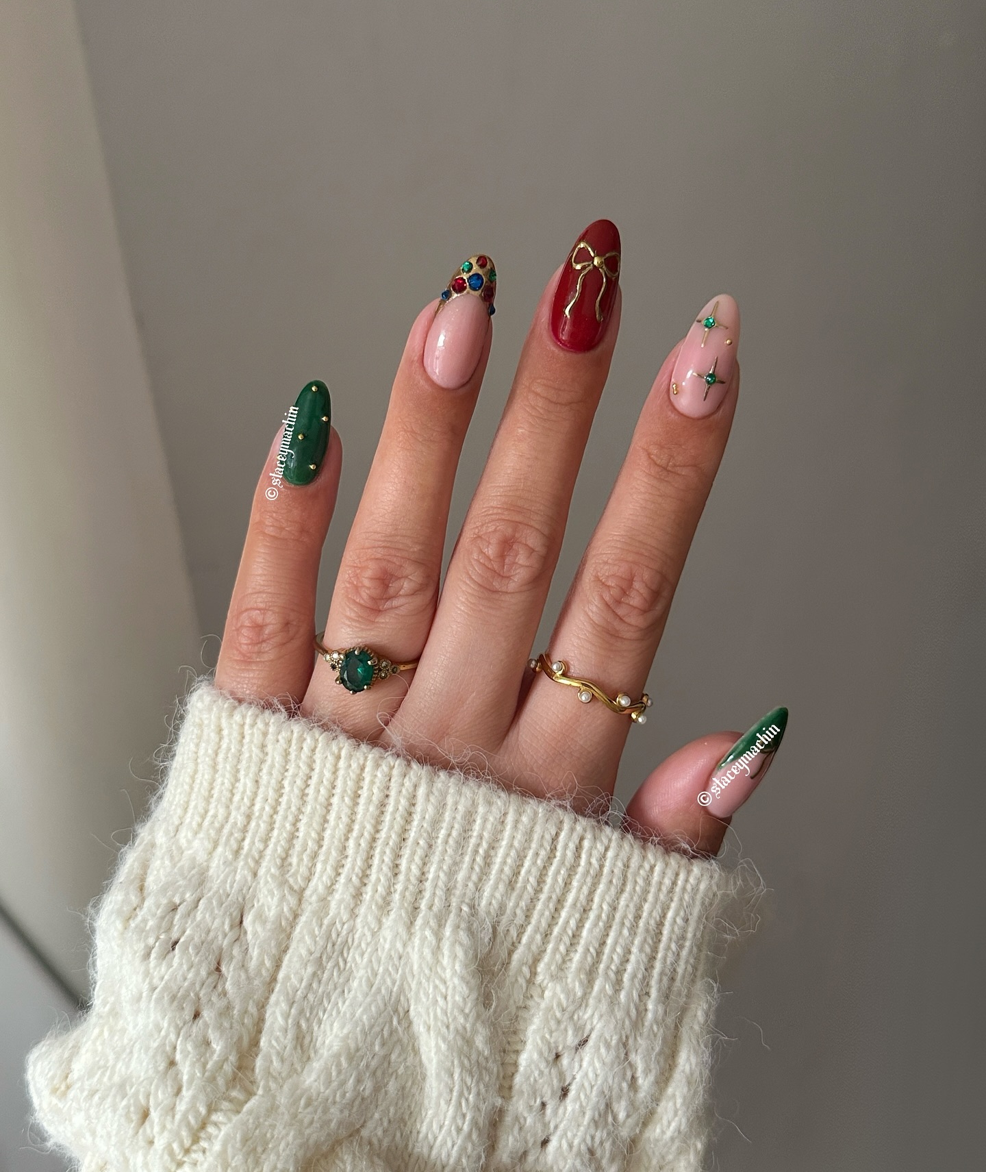 Deep Green Gold Studded Ornament Almonds Deep Green Gold Studded Ornament Almonds β Simple Christmas Nails 2026