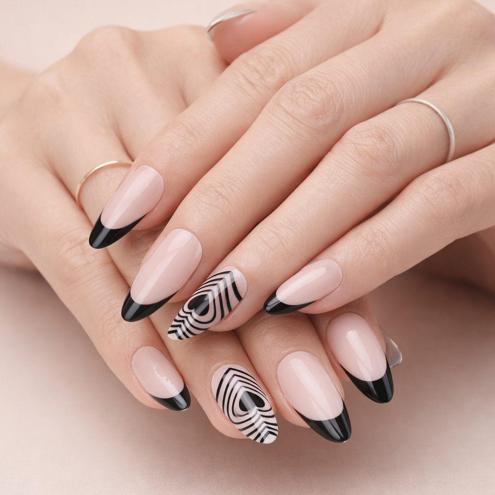 Black French And Abstract Heart Winter Nails Black French And Abstract Heart Winter Nails β Medium Winter Almond Nails