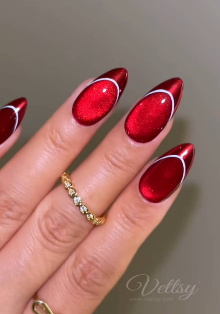 Red Cat-Eye White French Tip Stilettos Red Cat-Eye White French Tip Stilettos β Winter Nail Colors