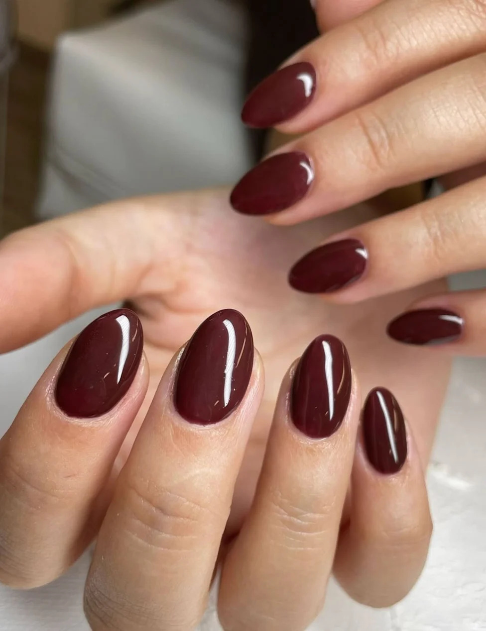Muted Burgundy-Brown Glossy Medium Oval Nails — Chocolate Brown Nails