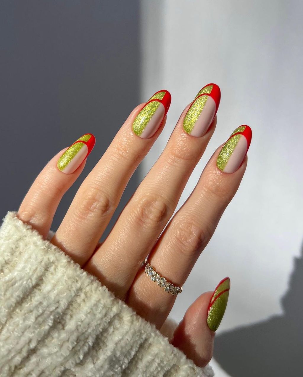 Sheer Nude Red Diagonal Glitter Nails Sheer Nude Red Diagonal Glitter Nails β Easy Christmas Nails 2026