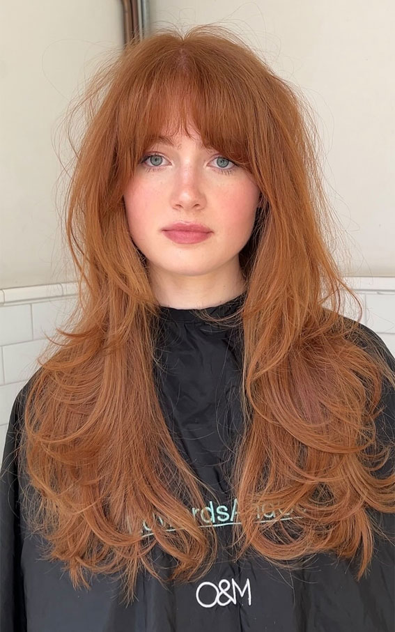 Golden Copper With Feathered Bangs Golden Copper With Feathered Bangs β Winter Hairstyles with Bangs