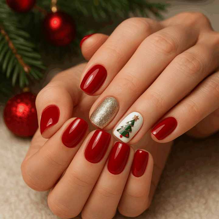 Deep Red with Christmas Tree Decal Accent — Red Christmas Nails 2026
