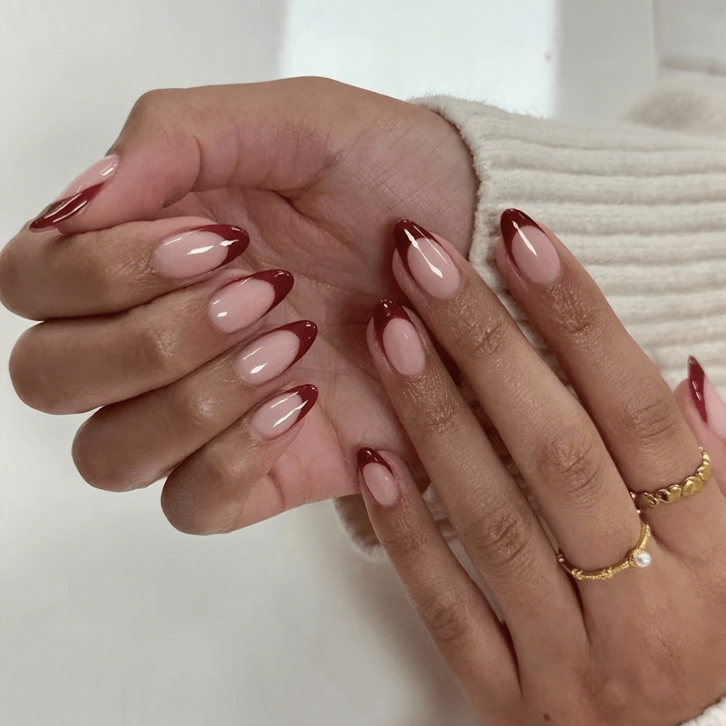 Sheer Nude with Deep Burgundy French Tips Sheer Nude with Deep Burgundy French Tips β Burgundy Nails