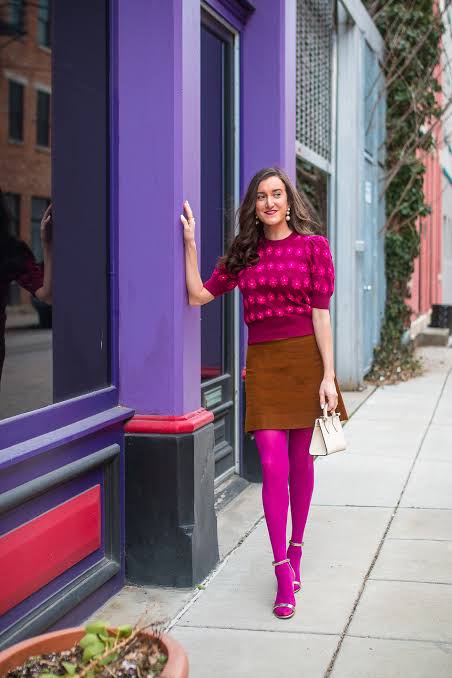 Pink Opaque Tights with Suede Skirt and Knit Sweater Pink Opaque Tights with Suede Skirt and Knit Sweater β Tights Outfits