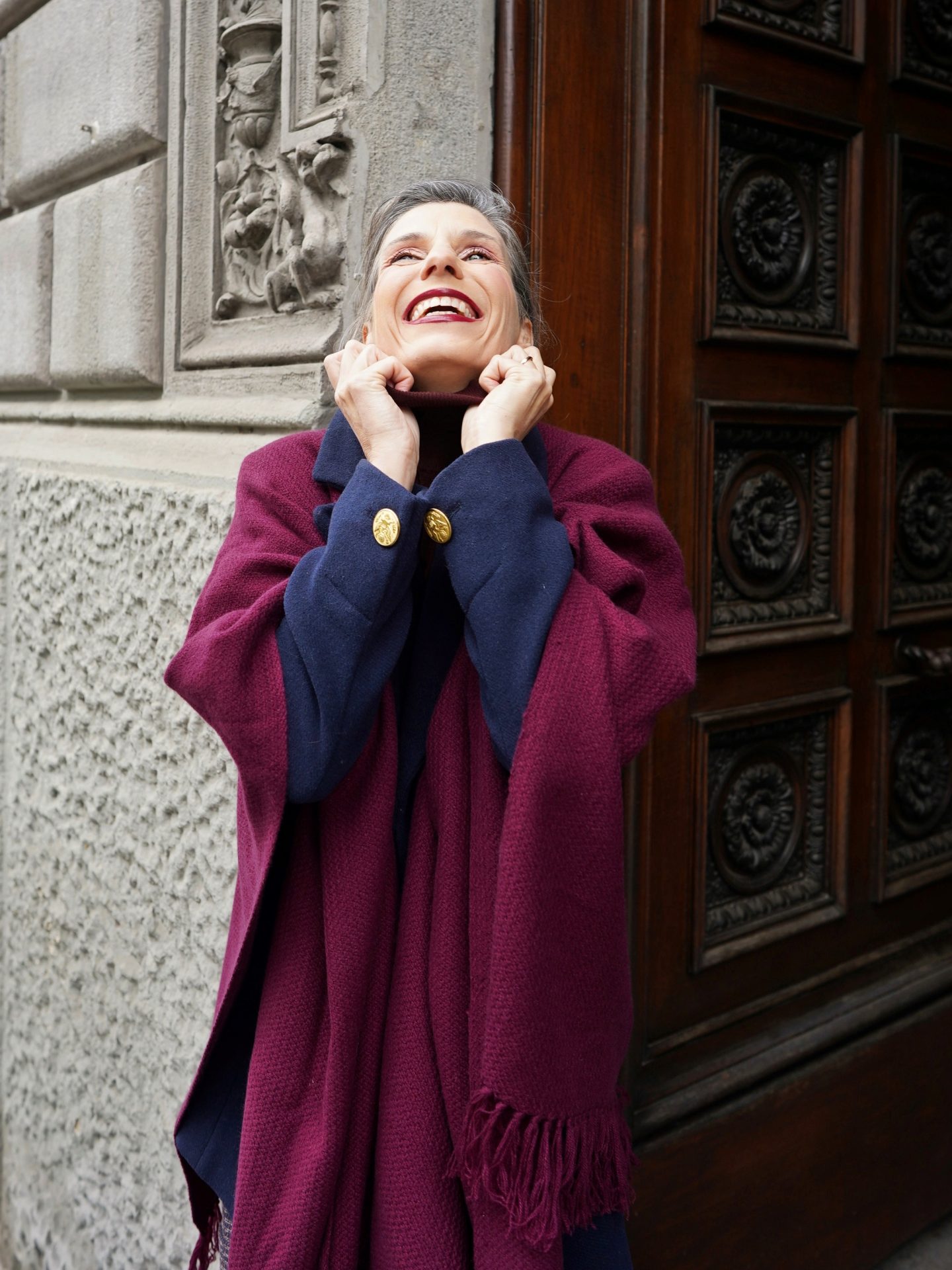 Purple Wool Poncho Over Navy Coat with Gold Button Details Purple Wool Poncho Over Navy Coat with Gold Button Details β Winter Photoshoot Outfits