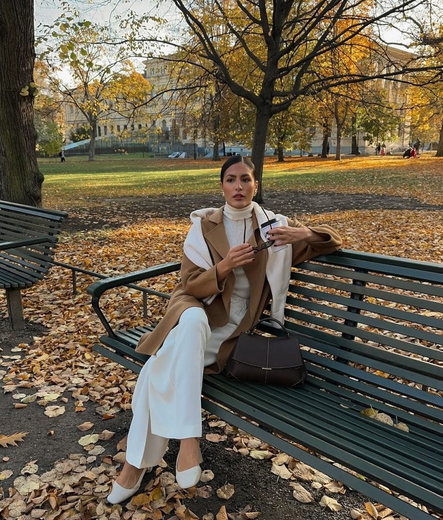 Layered Neutrals: Brown Coat, Cream Turtleneck, and White Trousers — Old Money Winter Outfits