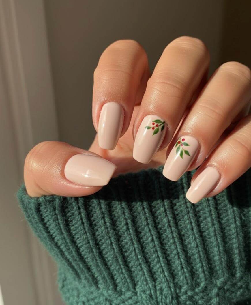 Neutral Beige Holly Sprig Nails Neutral Beige Holly Sprig Nails β Simple Short Christmas Nails 2026