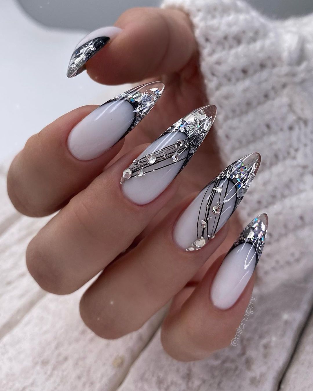 Abstract Festive Rhinestone Stiletto Nails Abstract Festive Rhinestone Stiletto Nails β Winter Stiletto Nails