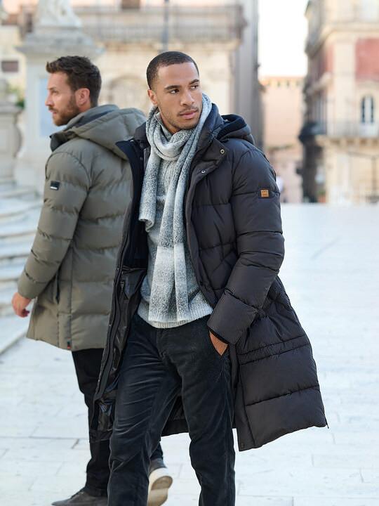 Long Puffer Coat with Plaid Scarf Accent Long Puffer Coat with Plaid Scarf Accent β Winter Outfits for Men